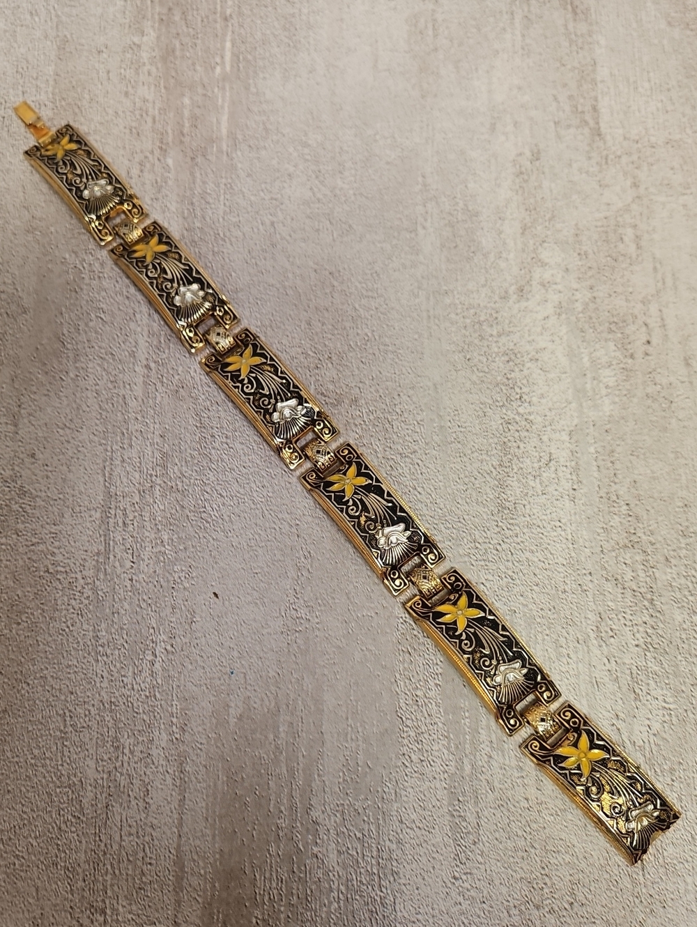 Vintage Toledo Spain Damascene Link Bracelet – Black & Gold Bird Floral Motif